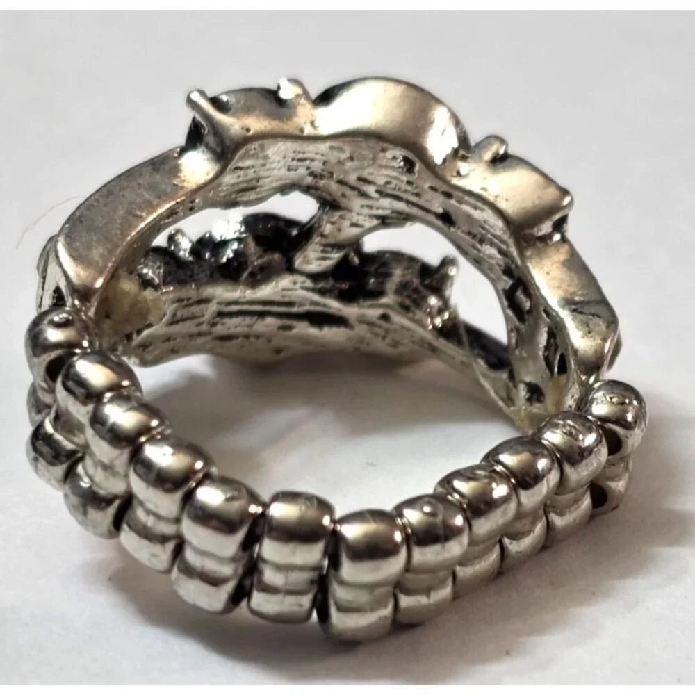 New Silver-Tone Stretch‎ Statement Cocktail Ring Clear Rhinestones Glam Boho